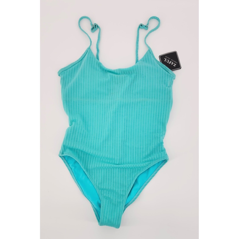 Zaful Forever Young Aqua Ribbed One Piece Swimsuit Strappy Back Turquoise Small